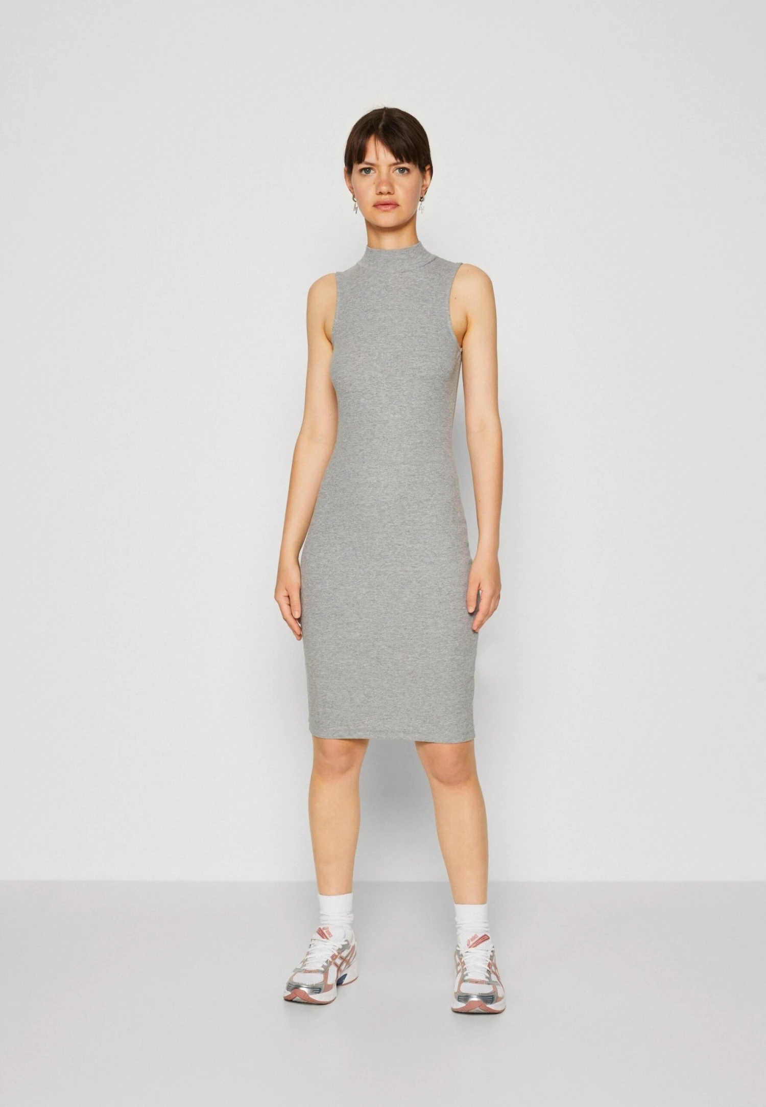 Even&Odd Perkin Neck Midi Bodycon Dress - Robe En Jersey - Mottled Grey